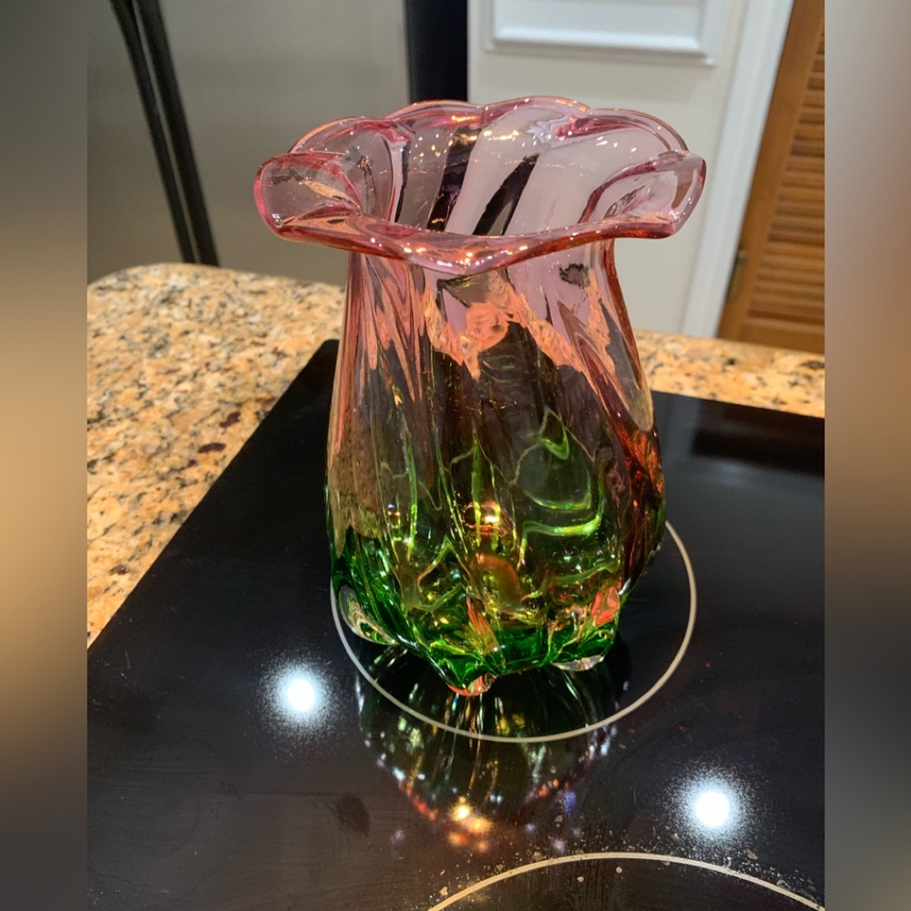 Vintage Murano Style Crystal Mint Green & Watermelon Purple Swirl 7.5”  Vase